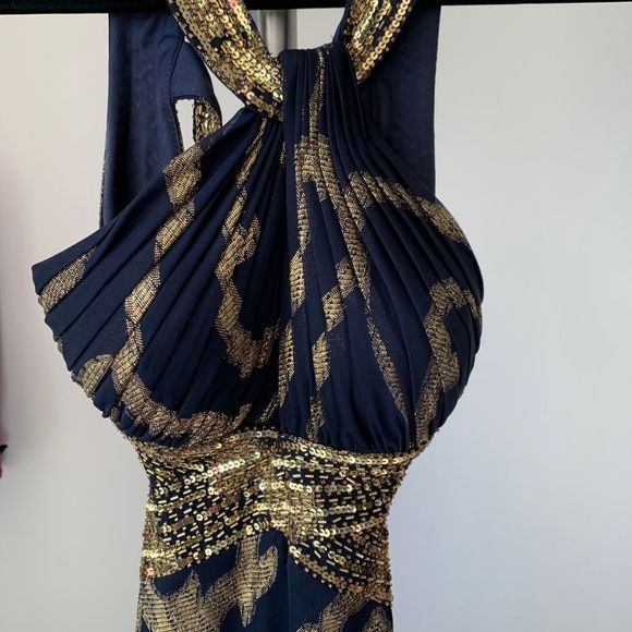 BETSEY & ADAM Open Back Cut Out Dress Blue Gold Size 2 - Picture 10 of 15